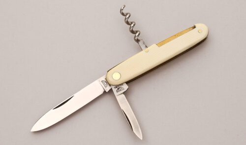 Bruckmann Knives Three Blade Bartender Knife with French Ivory Celluloid Scales handle material - Obverse Side - Item #KLC12118