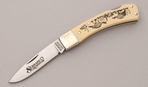 Schrade Cutlery 515SC Scrimshaw Lockback with Ivory Delrin Scales handle material - Obverse Side - Item #KLC12120