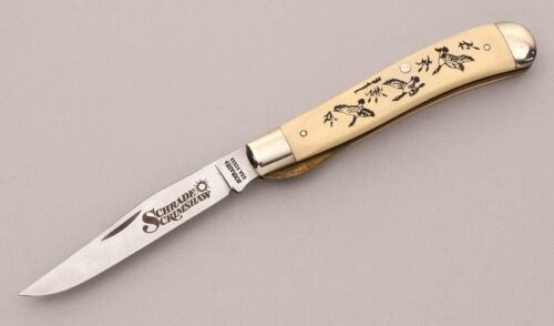 Schrade Cutlery SC503 Linerlock Trapper with Ivory Delrin Handle Scales handle material - Obverse Side - Item #KLC12125