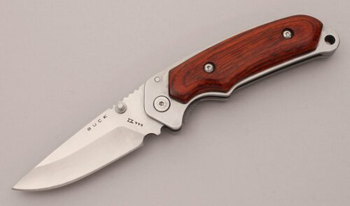Buck Knives 277 Folding Alpha Hunter with Resin Impregnated Rosewood handle material - Obverse Side - Item #KLC12161