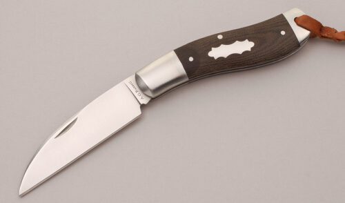 A.G. Russell Sowbelly Wharncliffe Folder with Brown Micarta Scales handle material - Obverse Side - Item #KLC12171