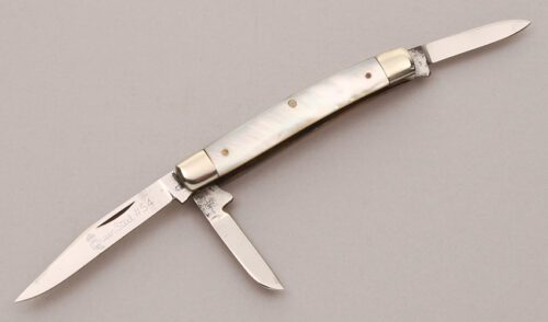 Queen Cutlery Model #54 Three Blade Pen with Mother of Pearl Scales handle material - Obverse Side - Item #KLC12181