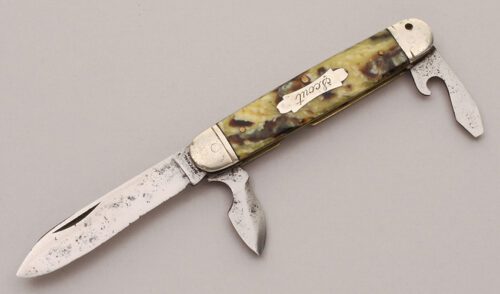 Imperial Knife Co. Scout Knife with Black & Yellow Celluloid handle material - Obverse Side - Item #KLC12202
