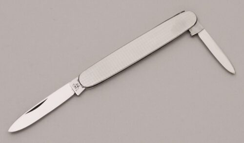 Hen & Rooster Model 532 Gents Pen Knife with Embossed Stainless Frame handle material - Obverse Side - Item #KLC12209