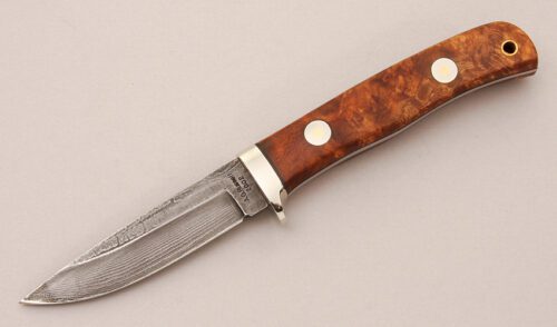A.G. Russell Gents Damascus Hunter with Chinese Quince Burl Wood handle material - Obverse Side - Item #KLC12287