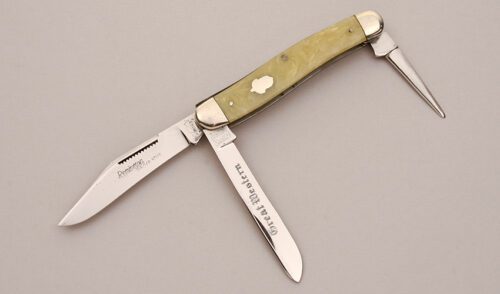 Remington Knives R4513 Great Western Stockman with Green Marble Pyremite Scales handle material - Obverse Side - Item #KLC12337