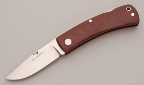 A.G. Russell Brute Lockback with Burgandy Micarta Frame handle material - Obverse Side - Item #KLC12344
