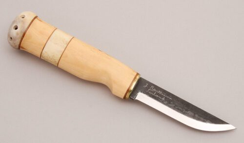 Marttiini Knives Witch's Tooth Knife with Curly Birch & Reindeer Antler handle material - Obverse Side - Item #KLC12381