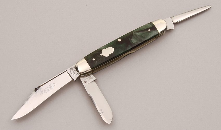 Remington Knives R3415 Stock Knife with Green Pyremite Scales handle material - Obverse Side - Item #KLC12459