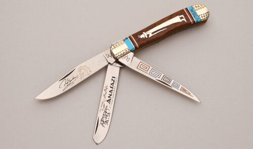 United Cutlery/Yellowhorse Anasazi 3 Blade Trapper with Desert Ironwood Scales handle material - Obverse Side - Item #KLC12463