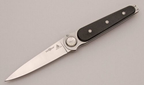 Lone Wolf Knives Defender Axial Lock Folder with Black Textured G10 Scales handle material - Obverse Side - Item #KLC12466