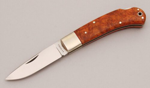 A.G. Russell Lockback Folder with Chinese Quince Burl Wood handle material - Obverse Side - Item #KLC12482