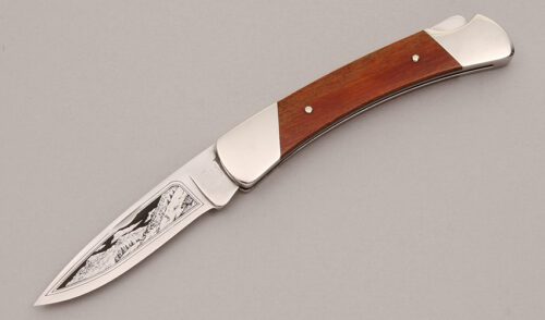 Buck Knives 501 Squire Custom with Carmel Colored Wood Scales handle material - Obverse Side - Item #KLC12516