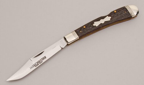 Winchester Knives W15 1927 Bananna Trapper with Peach Seed Jigged Bone Scales handle material - Obverse Side - Item #KLC12520