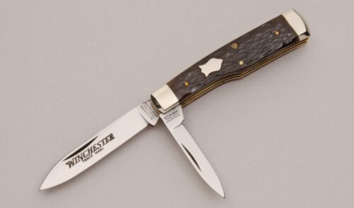 Winchester Knives W15 2851 Two Blade Gunstock with Brown Jigged Bone Scales handle material - Obverse Side - Item #KLC12528