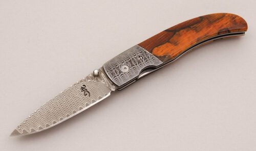Browning Knives Damascus Liner Lock Folder with Spalted Beech Wood Scales handle material - Obverse Side - Item #KLC12534