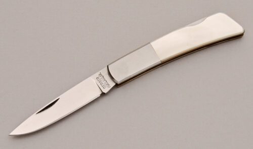 Gerber Knives Silver Knight Lockback with Mother of Pearl handle material - Obverse Side - Item #KLC12542