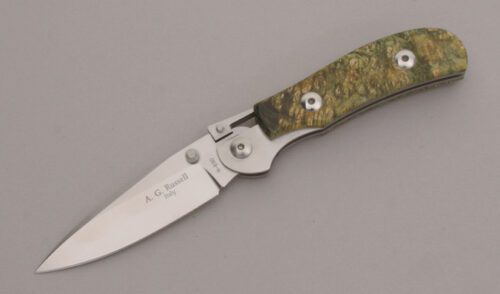 A.G. Russell K87C One Hand Knife with Green/Yellow Box Elder Burl handle material - Obverse Side - Item #KLC12563
