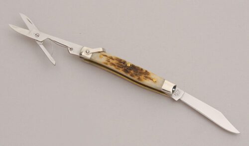 Case Cutlery 6233 SS Pen W/Scissors with Jigged Amber Bone Scales handle material - Obverse Side - Item #KLC12594