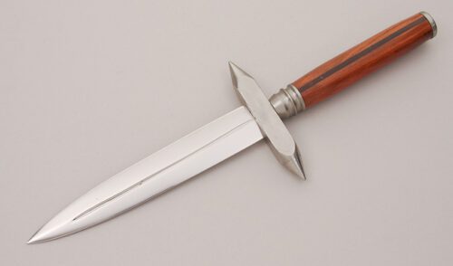 Jerry Sokol Boot Dagger with Padauk & Ebony Wood Handle handle material - Obverse Side - Item #KLC12606