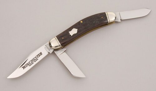 Winchester Knives W15 3949 Sowbelly Stockman with Dark Brown Jigged Bone Scales handle material - Obverse Side - Item #KLC12648