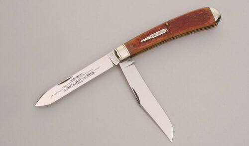 Winchester Knives W18 29105 Large Banana Trapper with Orange Jigged Bone Scales handle material - Obverse Side - Item #KLC12651