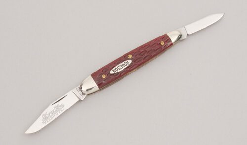 Robeson Knives 622841 ShurEdge Sleeveboard with Dark Red Jigged Bone Scales handle material - Obverse Side - Item #KLC12658