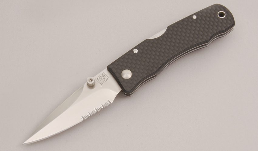 Sog Knives Gentleman Midlock Folder with Carbon Fiber Handle Scales handle material - Obverse Side - Item #KLC12693