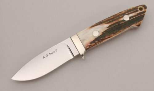 A.G. Russell Loveless Drop Point Hunter with India Stag handle material - Obverse Side - Item #KLC12709