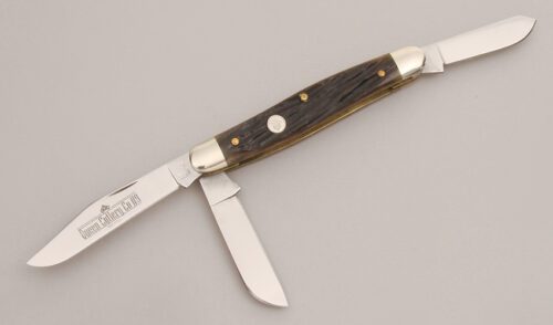 Queen Cutlery #9 Large Stockman with Aged Honey Amber Bone Scales handle material - Obverse Side - Item #KLC12726