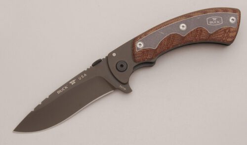 Buck Knives Open Season Skinner Folder with Brown Canvas Micarta Scales handle material - Obverse Side - Item #KLC12738