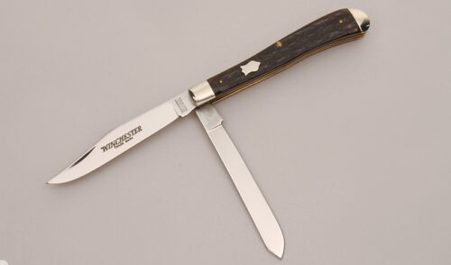 Winchester Knives W15 2904 Slimline Trapper with Brown Jigged Bone Scales handle material - Obverse Side - Item #KLC12746