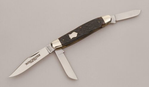 Winchester Knives W15 3964 Stockman with Dark Brown Jigged Bone Scales handle material - Obverse Side - Item #KLC12747