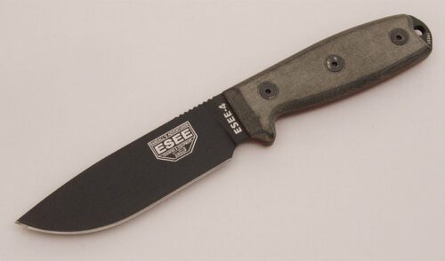 Esee Knives Esee-4 Drop Point with Black Canvas Micarta Scales handle material - Obverse Side - Item #KLC12751