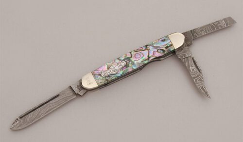 Bear & Son Cutlery Heritage Damascus Whittler with Abalone Handle Scales handle material - Obverse Side - Item #KLC12760