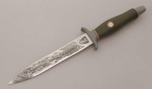 Gerber Knives Mark II Tribute to Navy with Green & Gray Armorhide Handle handle material - Obverse Side - Item #KLC12764