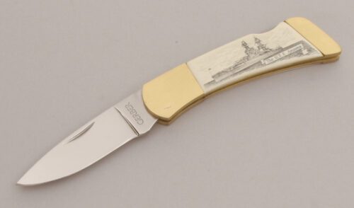 Gerber Knives Pearl Harbor 50th Anniversary with Brass Frame handle material - Obverse Side - Item #KLC12765
