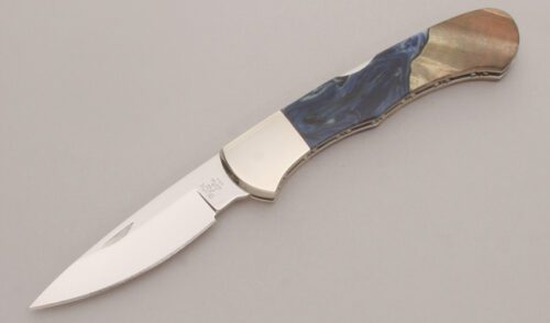 Buck Knives ShokWood Bucklock with Nickel Silver Frame handle material - Obverse Side - Item #KLC12788