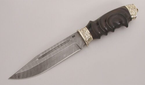 Olamic Cutlery Damascus Hunter with Carved African Wenge Wood handle material - Obverse Side - Item #KLC12804