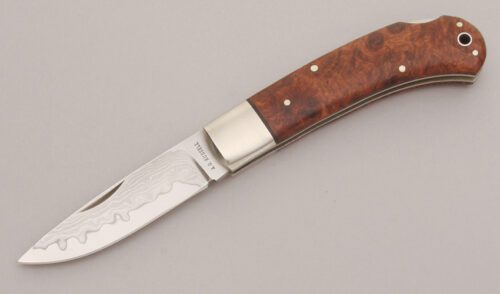 A.G. Russell Damascus Lockback Folder with Chinese Quince Wood Scales handle material - Obverse Side - Item #KLC12837