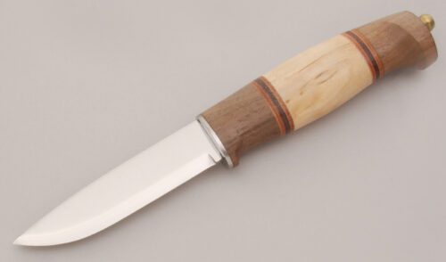 Helle Knives Harding Hunting Knife with Walnut & Curly Birch Woods handle material - Obverse Side - Item #KLC12841