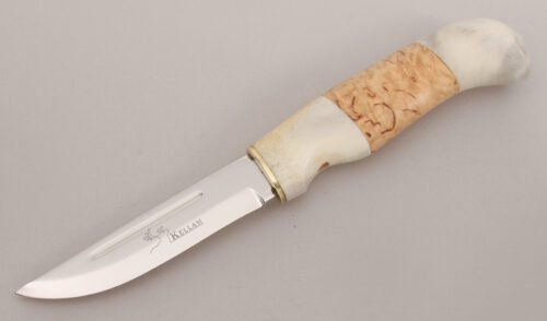 Kellam Knives Jouni Knife with Curly Birch & Reindeer Antler handle material - Obverse Side - Item #KLC12847