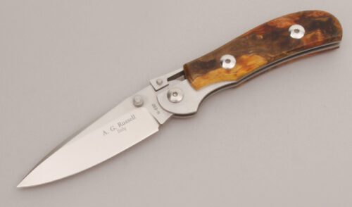A.G. Russell K87C One Hand Knife with Maple Burl Wood Handle Scales handle material - Obverse Side - Item #KLC12857