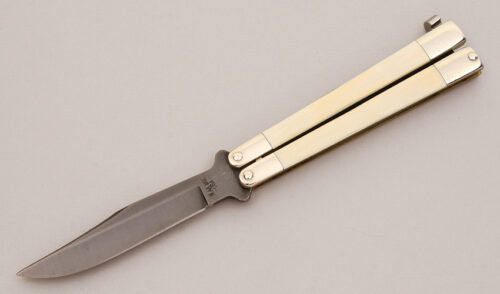 Bear & Son Cutlery Butterfly Folder with Mammoth Ivory Handle Scales handle material - Obverse Side - Item #KLC12889