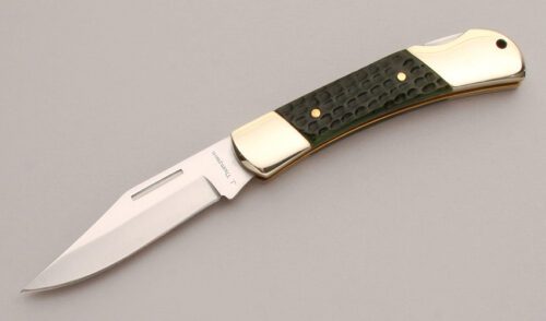 Jim Thompson Lock Back Folder with Green Jigged Bone Scales handle material - Obverse Side - Item #KLC12913