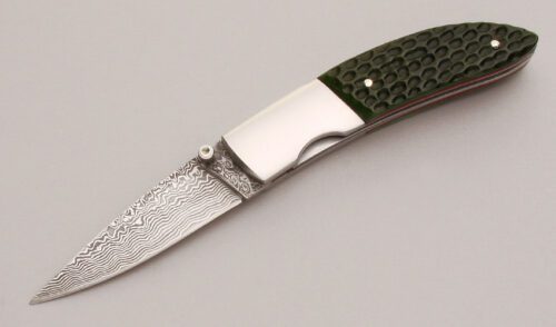 Jim Thompson Damascus Linerlock Folder with Green Jigged Bone Scales handle material - Obverse Side - Item #KLC12915