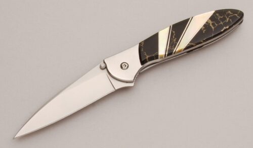 Kershaw Knives 1660 Santa Fe Stoneworks Leek with Aztec Gold Marble/Gold Pearl handle material - Obverse Side - Item #KLC12934