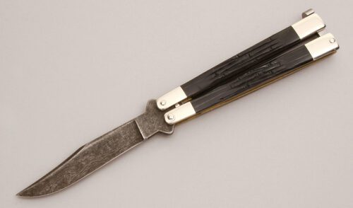 Bear MGC Cutlery Damascus Butterfly Folder with Horn Handle Scales handle material - Obverse Side - Item #KLC12935
