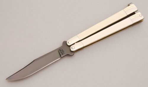 Bear MGC Cutlery Butterfly Knife with Mammoth Ivory Handle Scales handle material - Obverse Side - Item #KLC12938
