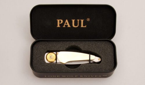 Lone Wolf Knives Paul Perfecto with Gold Lip Pearl Handle Scales handle material - Obverse Side - Item #KLC12943